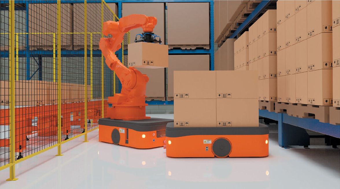 an orange robotic arm mounted on an autonomous mobile robot (AMR) handling cardboard boxes in a smart warehouse